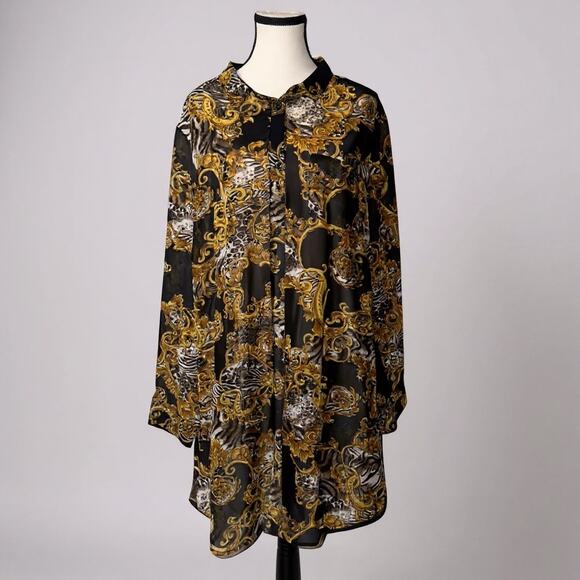 K. Jordan Gold and Black Baroque button down Blouse women’s size 2X - Picture 1 of 6